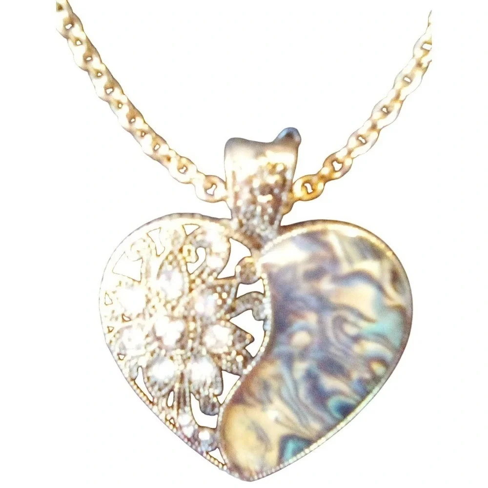 Natural Abalone Shell & Rhinestones Heart Pendant(Mixit Necklace & Earrings Set)